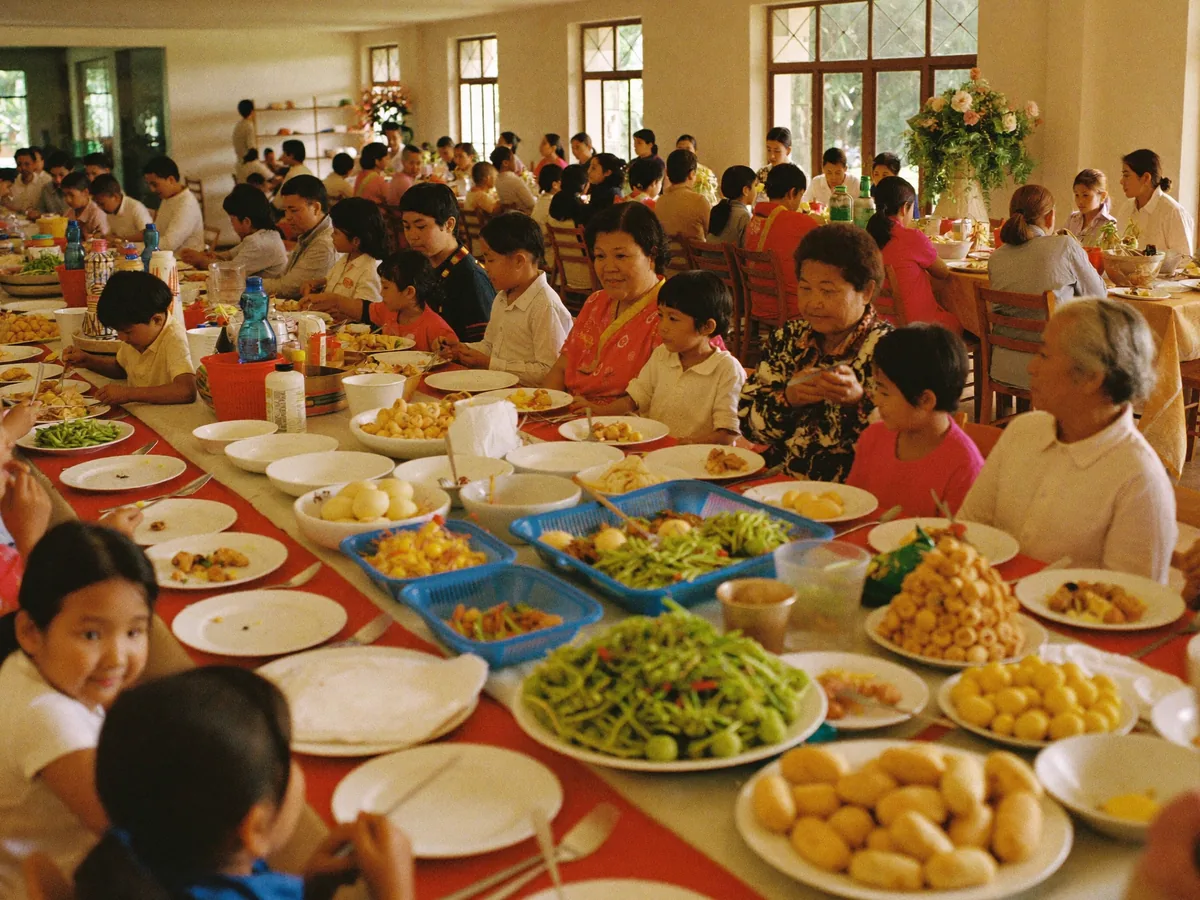 Families gathered at a community potluck.